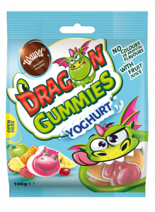 DRAGON GUMMIES YOGHURT - mix of filled gummies in different flavours: rasberry with pineapple filling, orange with cherry filling, lemon with apple fillingDRA