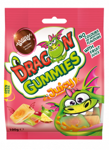 DRAGON GUMMIES JUICY - mix of filled gummies in different flavours: apple with raspberry filling, pineapple with orange filling, cherry with lemon filling