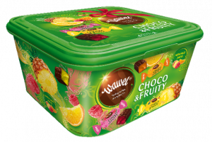FAMILY BOXES CHOCO & FRUITY -  mix of jellies in chocolate in four flavours: orange, raspberry, lemon and pinapple