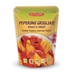 Grilled squared peppers, red and yellow, in 300g doypack pouch