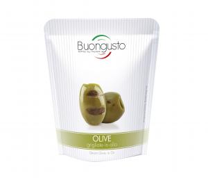 Grilled and pitted green olives in 150g doypack pouch