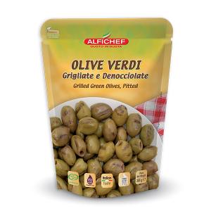 Grilled and pitted green olives in 300g doypack pouch
