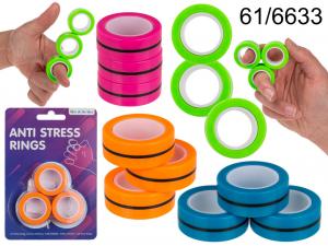 Stress Relief Rings, magnetic, approx. 34 mm. 4 colours asstd., 3 pcs set on blister card