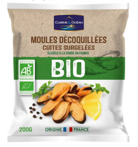 Cooked organic shelled mussels (French origin)