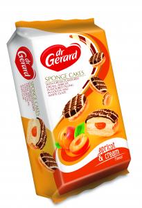 Sponge Cakes with cream flavoured cream, apricot flavoured filling in cocoa and white glaze