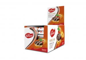 Sponge Cakes with cream flavoured cream, apricot flavoured filling in cocoa and white glaze display