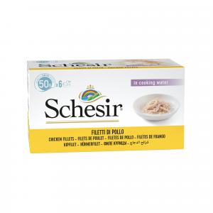 Schesir multipack chicken fillet with duck - in COOKING WATER. Complementary food for adult cats