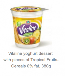 Yogurt dessert with pieces of tropical fruit and Cereals, 0% fat