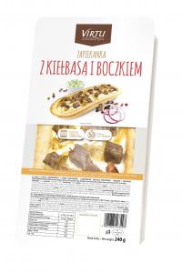 Baked baguette with sausage and bacon