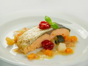 Sashimi cut salmon with vegetable brunoise