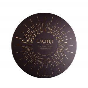 Cachet round boxes 200 gr. - Milk, dark & white chocolate assortment