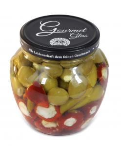 Gourmet jar with peppersweet, olives and hot peppers filled with fresh cheese