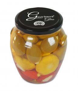 Gourmet jar with peppersweet, yellobell and olives filled with fresh cheese