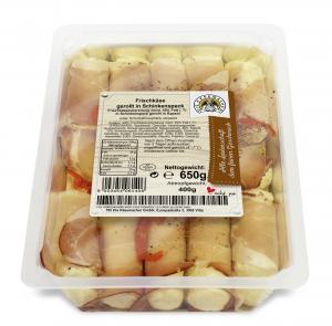 Fresh cheese rolled in bacon