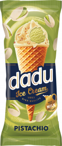 Pistachio ice cream with white glaze and  wafer crisps in wafer cone, 150ml