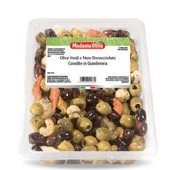 Pitted Green and Black Olives with vegetables seasoning
