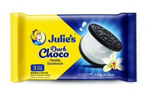 JULIE'S DARK CHOCO VANILLA CREAM SANDWICH BISCUIT