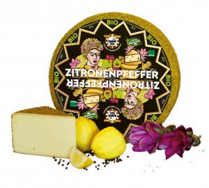 Baldauf Organic Lemon pepper- semi-hard cheese, natural rind with lemon pepper mixture, edible