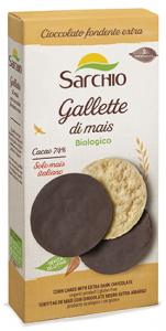 Organic corn cakes with dark chocolate covering