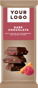 DARK CHOCOLATE with peaces of raspberries and wafer flakes