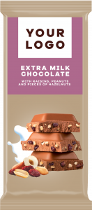 EXTRA MILK chocolate with raisins, peanuts and pieces of hazelnuts