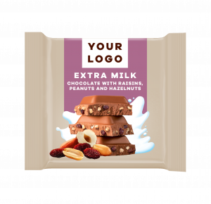 EXTRA MILK chocolate with raisins, peanuts and hazelnuts