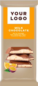 MILK CHOCOLATE with ORANGE and PASSION FRUIT filling with the highest quality cocoa from Ghana. Perfect sweetness & taste you can share with everyone you like