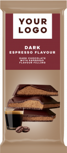 DARK ESPRESSO flavour chocolate  with filling and with the highest quality cocoa from Ghana. Unique and tasty falvour you can share with anyone you like