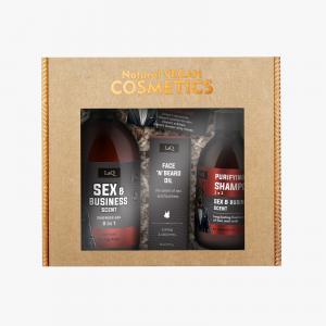 SEX & BUSINESS SCENT black set: shower gel 500ml, shampoo 300ml, face and beard oil 30ml,  soap bar 80g (hay)