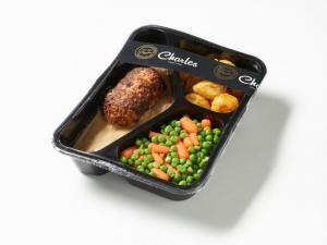 MINI BREADED MEATLOAF WITH PEAS, CARROTS AND BABY POTATOES