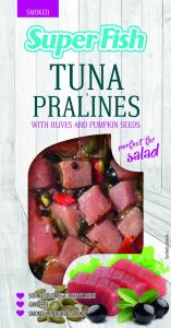 Cold smoked tuna bites with olives & pumpkinseeds