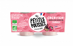 Organic coconut-based Greek style Les Petites Pousses dessert - Coconut milk and raspberry