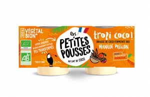 Organic coconut-based Greek style Les Petites Pousses dessert - Coconut milk and mango passion fruit