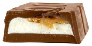 Chocolate bar, milk, filled with whipped cream and caramel