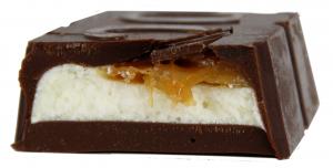 Chocolate bar, dark, with a filling of whipped cream and caramel