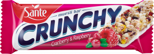 Crunchy bar with cranberries and raspberries with vanilla coating