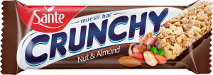 Crunchy bar with nuts and almonds with chocolate coating