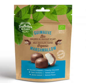 Organic marshmallows coated with milk chocolate